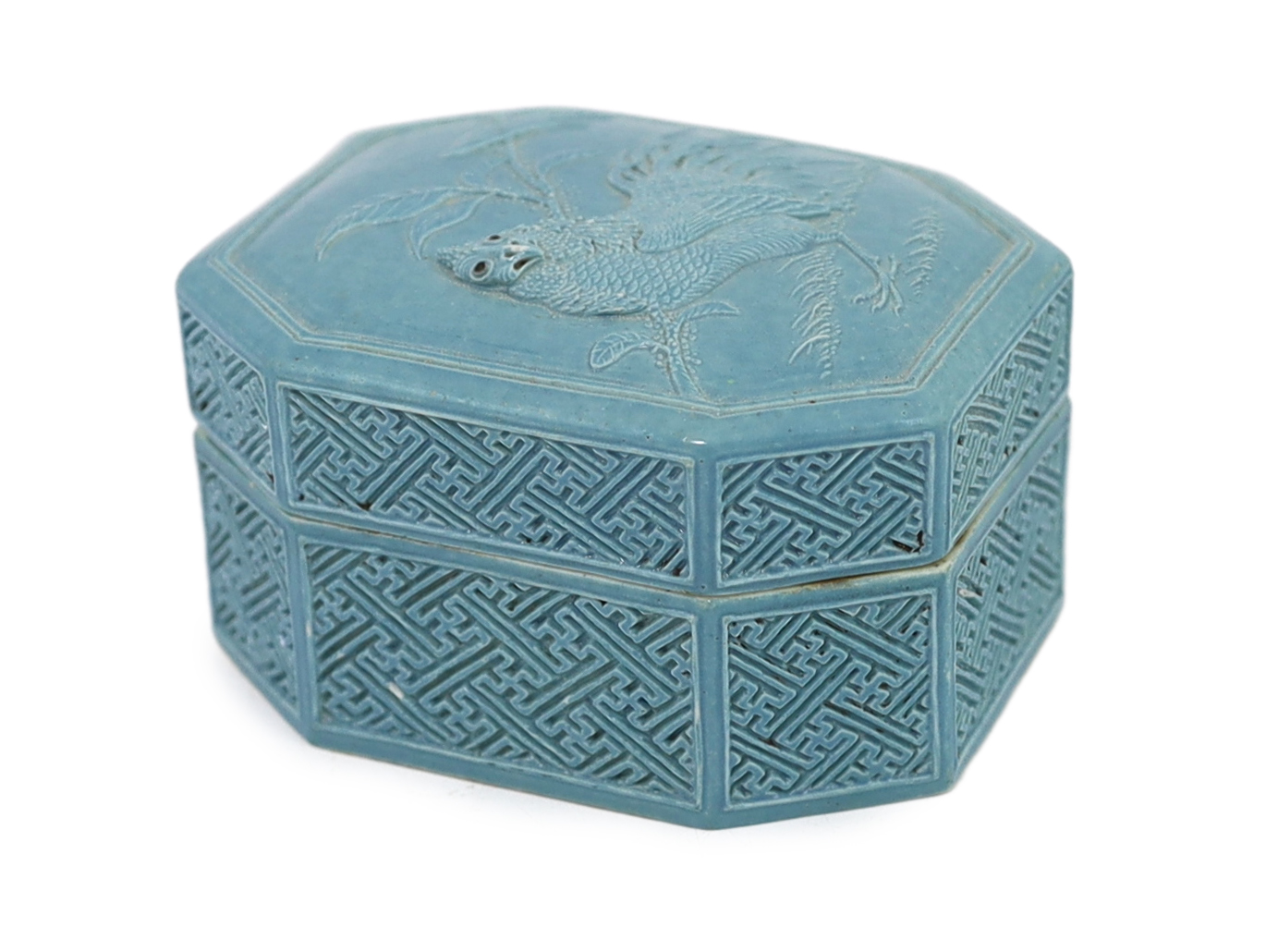 A Chinese carved clair du lune glazed incense box and cover, by Li Yucheng, Jingdezhen, 1820-1870